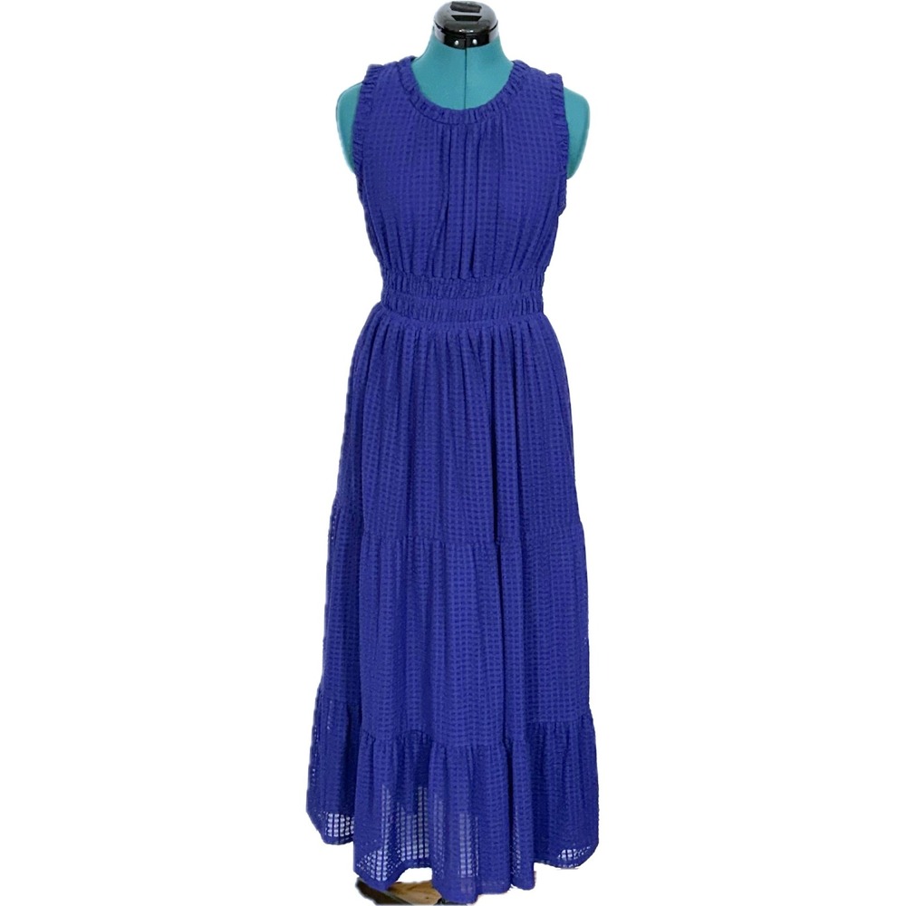 Anthropologie Maxi Dress Tiered Smocked Textured S Navy Blue Boho Summer Breezy